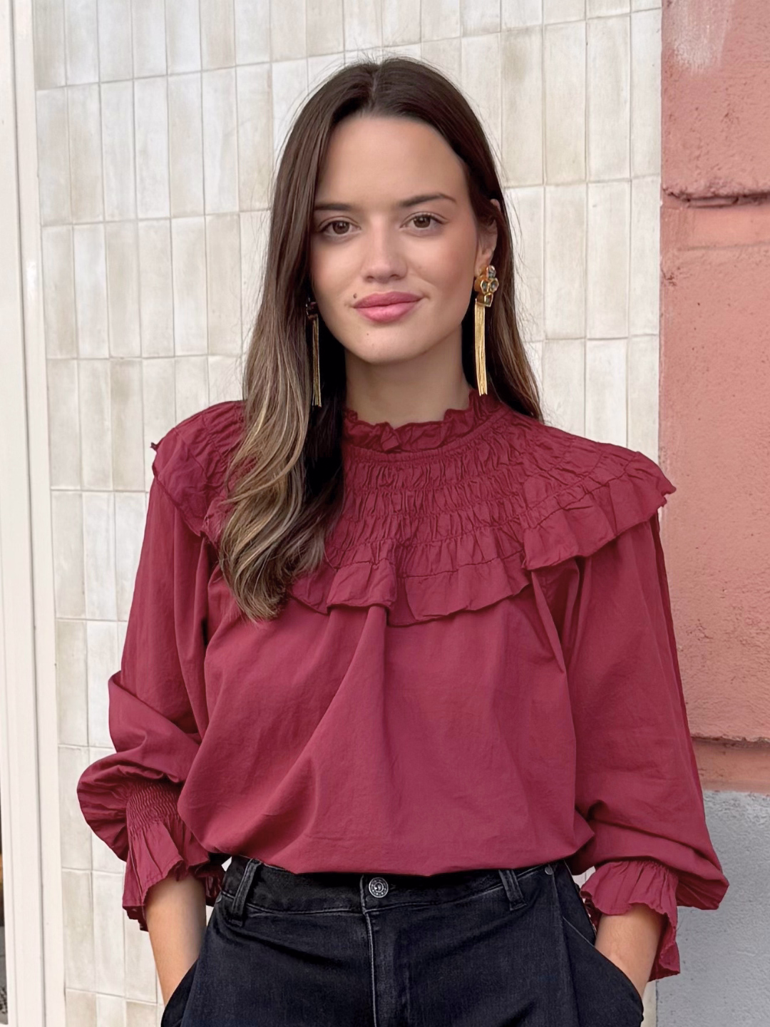 Blusa Romántica Volantes Burdeos