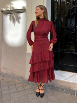 Vestido Midi Volantes Burdeos Oscuro