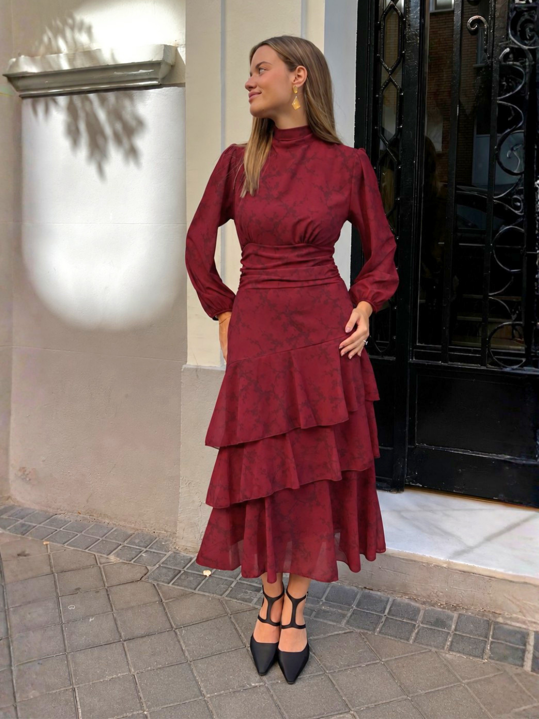 Vestido Midi Volantes Burdeos Oscuro