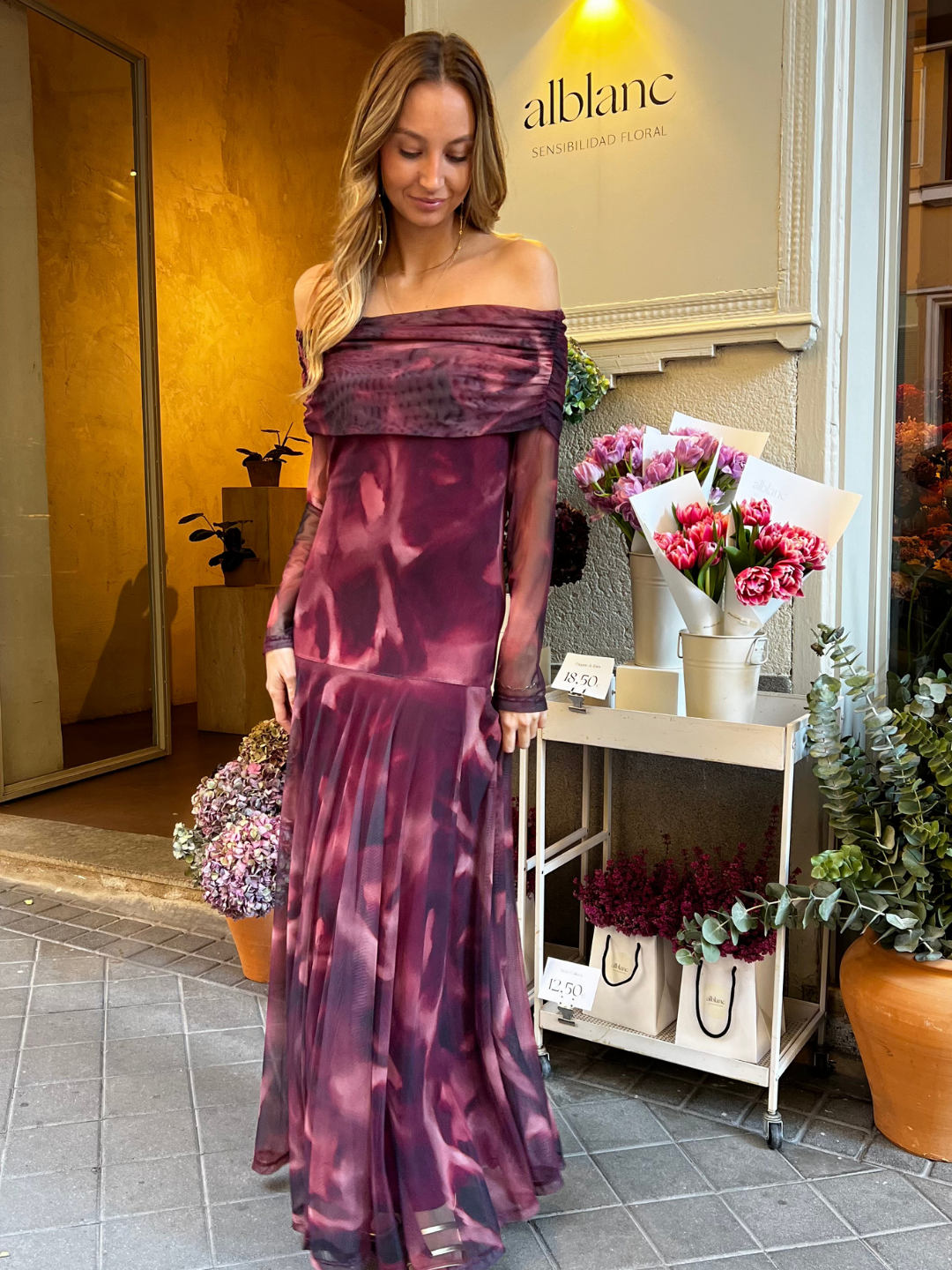 Vestido Tul Escote Bardot Frambuesa